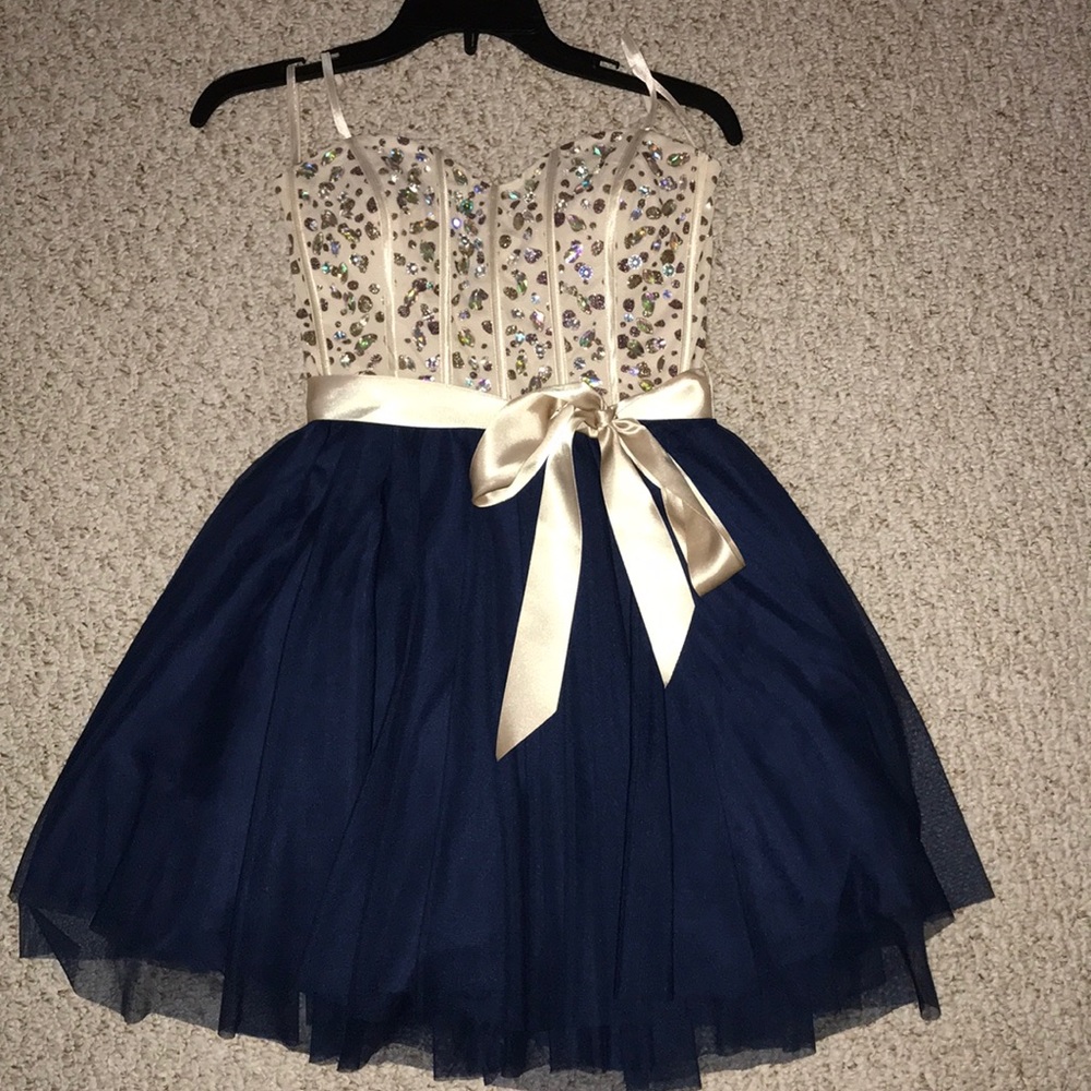 Navy blue/champagne homecoming/prom dress